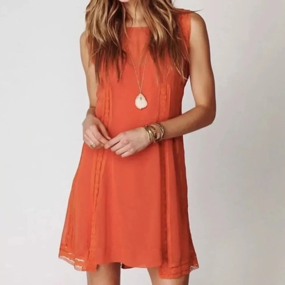 FREE People Orange Lace  Sleeveless Shift Boho Mini Dress Size XS - Picture 1 of 13